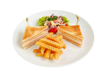Club sandwich and French fries with coleslaw and cherry tomatoes.