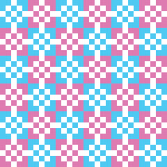 White square dots on pink and blue checker pattern background.