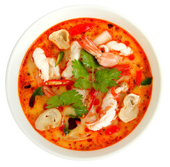 Tom Yum Goong, Thai hot and spicy soup, Thai food, on white background.