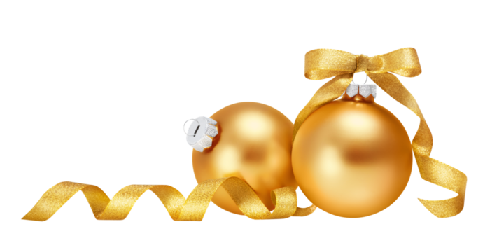 Christmas balls isolated on white background. Two gold christmas ornaments with ribbon