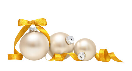 Christmas balls isolated on white background. Three silver christmas ornaments with gold ribbon