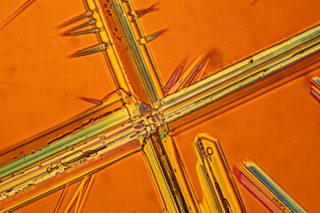 This is a picture of the crystals of the chemical substance Sodium Platino Cyanide made by a...