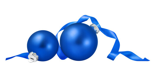 Christmas ornaments isolated on white background. Two blue christmas balls with ribbon