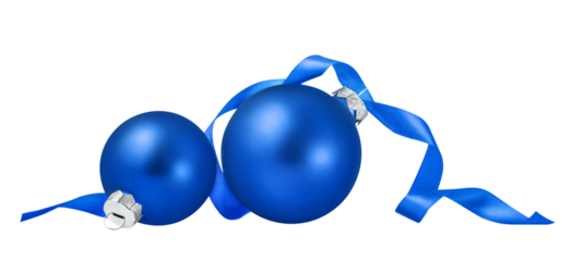 Christmas ornaments isolated on white background. Two blue christmas balls with ribbon