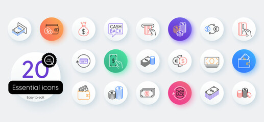 Money line icons. Bicolor outline web elements. Set of Banking, Wallet and Coins icons. Credit card, Currency exchange and Cashback money service. Euro and Dollar, Cash wallet, exchange. Vector