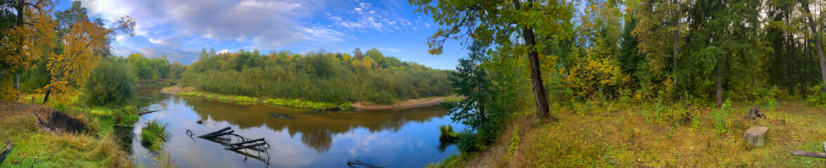 Fototapeta na wymiar photo panorama background, view of the beautiful forest river among the forest in the reserve, Mari El, Russia