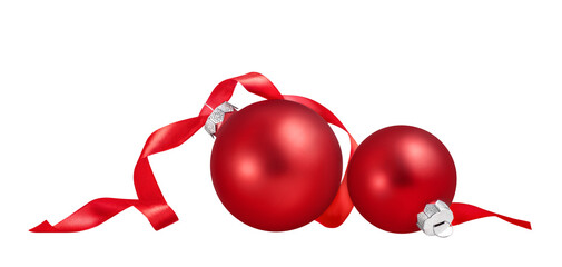 Christmas ball isolated on white background. Two red christmas ornament with ribbon