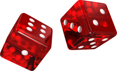 Image of two red and white gaming dice rolling - obrazy, fototapety, plakaty