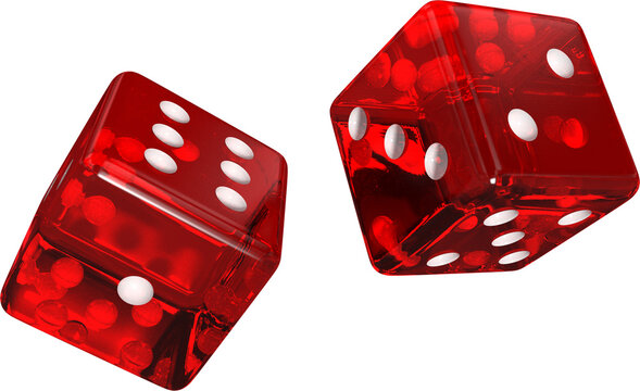 Image of two red and white gaming dice rolling