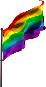 Vertical image of rainbow lgbt flag waving on metal flagpole