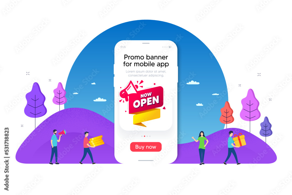 Poster now open banner. phone ui interface banner. announcement notice tag. megaphone message icon. mobile 