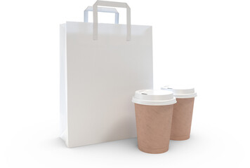 Image of white paper takeaway food bag and two takeaway cups