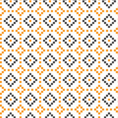 Black and orange cross-stitch knitting pattern on white background. Black and orange square dots on white backdrop. Halloween color theme fabric pattern design for sale. Knitting handicraft art.