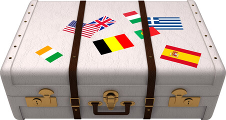 Image of the flags of america and various european countries stuck on a suitcase
