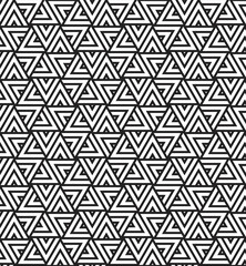 Rotation of maze triangle pattern on white background. Colorful abstract art. Black stripe triangle shape on white backdrop.
