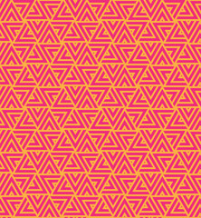 Rotation of maze triangle pattern on orange background. Colorful abstract art. Pink stripe triangle shape on orange backdrop.