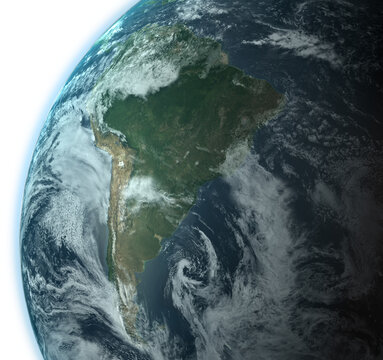 Image of planet earth with clouds clearing over brazil