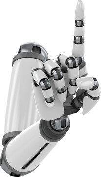 Vertical image of white robot arm and hand with extended index finger