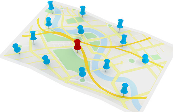 Image of multiple blue map pins and single red map pin stuck into street map