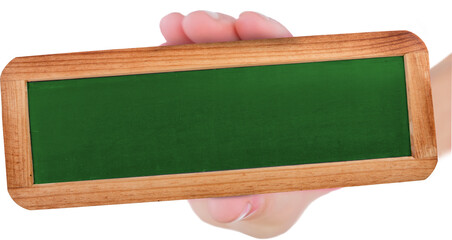 Image of a caucasian hand holding a small green chalkboard with wooden frame