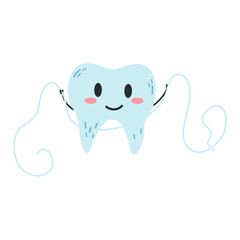 Hand drawn kawaii tooth character using dental floss in cartoon flat style. Vector illustration of teeth cleaning process, dental care concept, oral hygiene