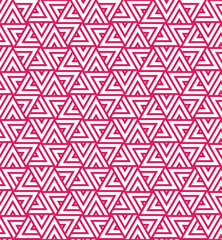 Rotation of maze triangle pattern on white background. Colorful abstract art. Red stripe triangle shape on white backdrop.