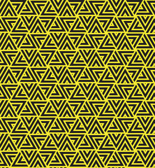 Rotation of maze triangle pattern on yellow background. Black abstract stripe triangle shape on yellow backdrop.