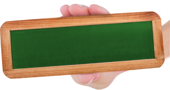 Image of a caucasian hand holding a small green chalkboard with wooden frame - Powered by Adobe