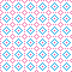 Pink and blue cross-stitch knitting pattern on white background. Pink and blue square dots on white backdrop. Fabric pattern design for sale. Knitting handicraft art.