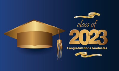 Congratulations on your graduation from school. Class of 2023. Graduation cap, confetti and balloons. Congratulatory banner. Academy of Education School of Learning
