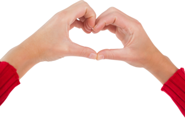 Image of hands of caucasian woman making heart shape with fingers