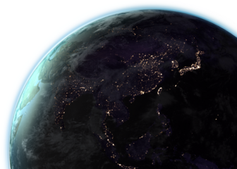 Image of planet earth with change from day to night and illuminated city lights