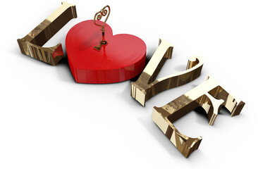 Image of love text in 3d gold metal letters and red heart shaped box with key