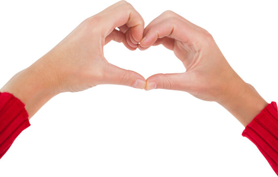 Image of hands of caucasian woman making heart shape with fingers