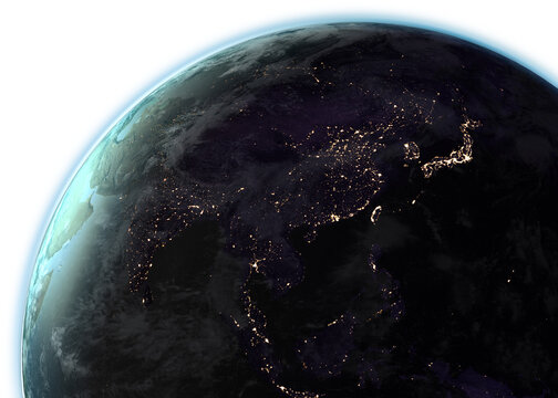Naklejki Image of planet earth with change from day to night and illuminated city lights