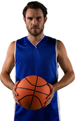 Image of caucasian male basketball player holding ball