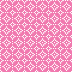 Red and blue cross-stitch knitting pattern on white background. Red and blue square dots on white backdrop. Fabric pattern design for sale. Knitting handicraft art.