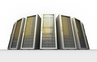 Image of a group of tall, grey and yellow computer server towers