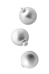 Christmas balls isolated on white background. Set of three falling silver christmas ornaments