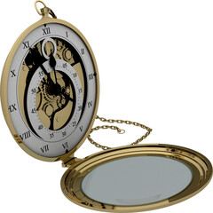 Image of a vintage style gold pocket watch on chain with open glass front