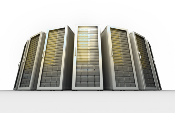 Image of a group of tall, grey and yellow computer server towers - Powered by Adobe