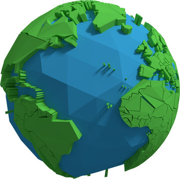 Image of simplified, angular globe with green land and blue water