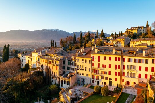 Beautiful shot of the townscape of Asolo in the sunset