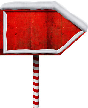 Vertical image of snow covered wooden direction sign on red and white striped post at christmas time