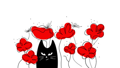 kot w polnych, czerwonych kwiatach maku - obrazy, fototapety, plakaty