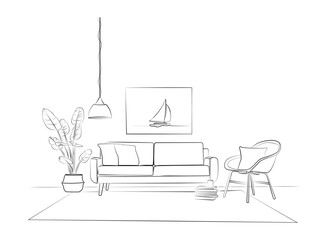 Interior design with modern living room in black sketch line on white background, vector, illustration - obrazy, fototapety, plakaty