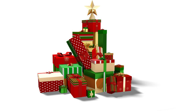 Image of a stack of wrapped christmas gifts in red, green and gold boxes, with gold star on top