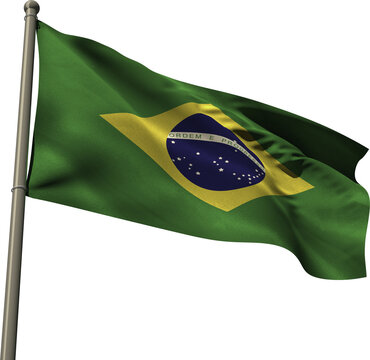 Image of the flag of brazil waving on metal flagpole