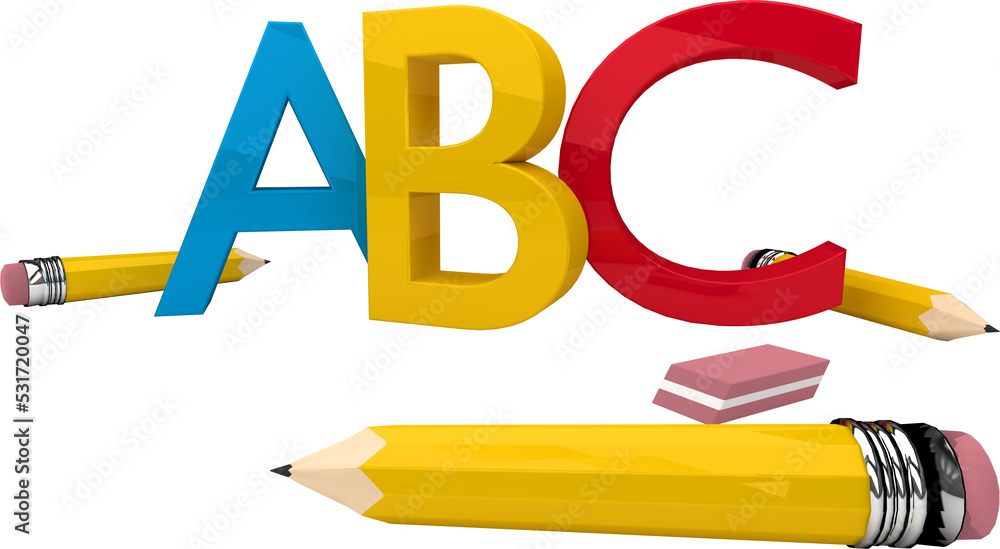 Poster Image of a, b and c letters in blue, yellow and red with yellow pencils and eraser