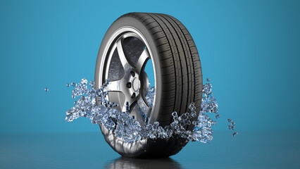 car tires and wheels in water splash  on a blue background. 3d rendering